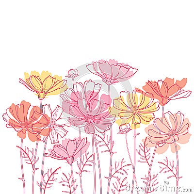 Vector bouquet with outline Cosmos or Cosmea flower bunch, ornate leaf and bud in pastel pink and orange isolated on white. Vector Illustration