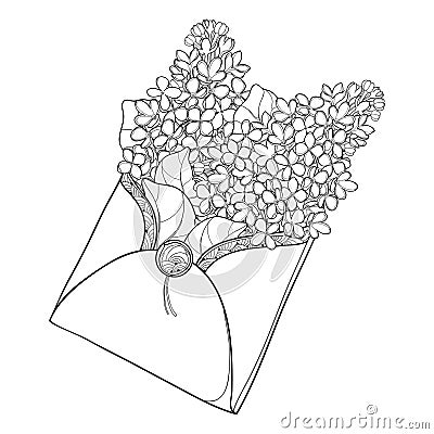 Vector bouquet with outline Lilac or Syringa flower and leaf in black in open craft envelope isolated on white background. Vector Illustration