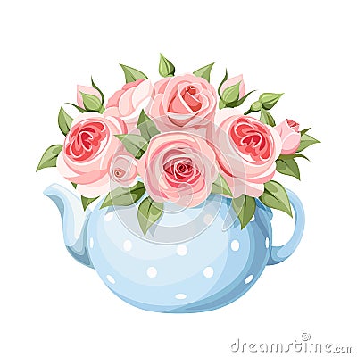 Bouquet of pink roses in a blue teapot. Vector illustration. Vector Illustration