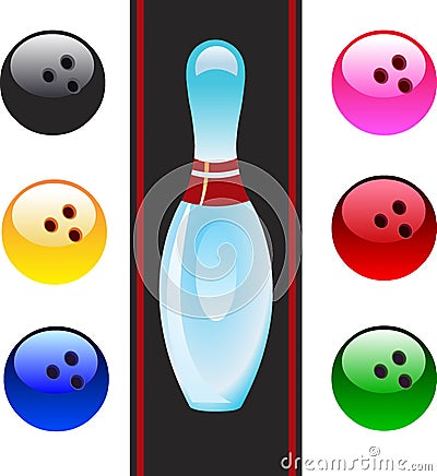 Vector bowling balls and bowling pin. Vector Illustration