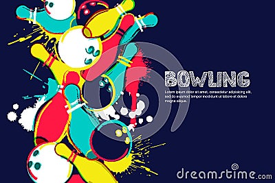 Vector bowling watercolor illustration. Balls and pins on colorful splash background. Design for banner, poster or flyer Vector Illustration