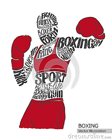 Vector boxer. Silhouette of the athlete from the thematic words. Vector Illustration