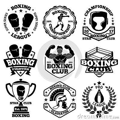 Vector Boxing labels set with - boxer, helmet, gladiator, goblet, laurel, ring, gloves Vector Illustration