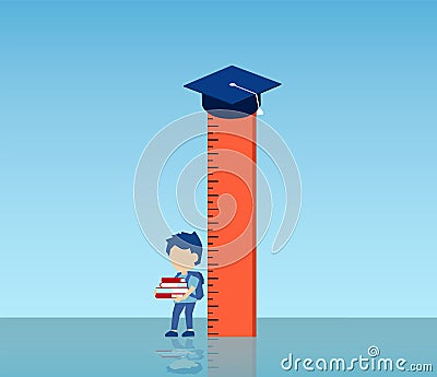 Vector of a boy holding books standing by a ruler with graduation cap on top Vector Illustration