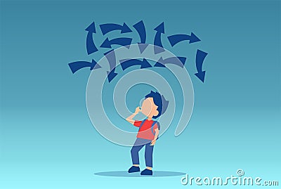 Vector of a boy student looking up confused at multiple arrows Stock Photo