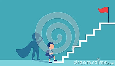 Vector of a boy with a super hero shadow climbing up stairs to reach his goal on the top Vector Illustration