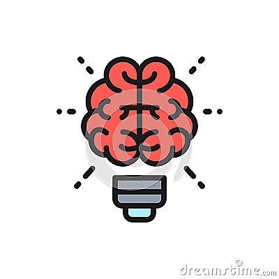 Vector brain and light bulb, innovation, creative idea flat color line icon. Vector Illustration