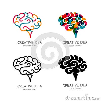 Vector brain logo, sign, or emblem design elements. Outline color human brain, isolated icon. Vector Illustration