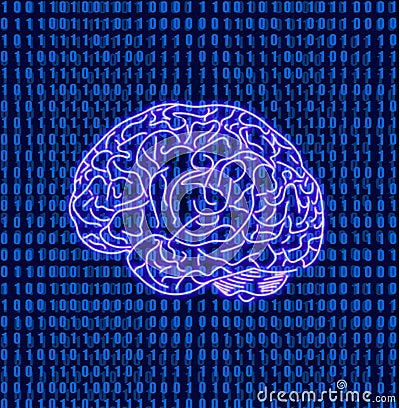 Vector Brain on Matrix Data Binary Code Background, Brain Illustration, Neon Icon. Vector Illustration
