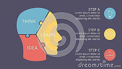 Vector brain puzzle infographic. Template for human head diagram, knowledge graph, neural network presentation and face Vector Illustration