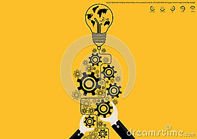 Vector brainstorming business ideas, the concept consists of a light bulb and gears world map icons flat design Vector Illustration