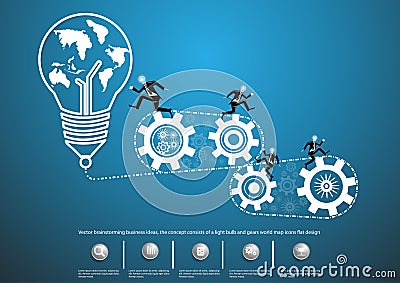Vector brainstorming business ideas, the concept consists of a light bulb and gears world map icons flat design Vector Illustration