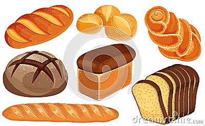 Vector bread icons set. Long loaf, rye bread, baguette, rolls, white bread, sliced bread, brioche. Vector Illustration