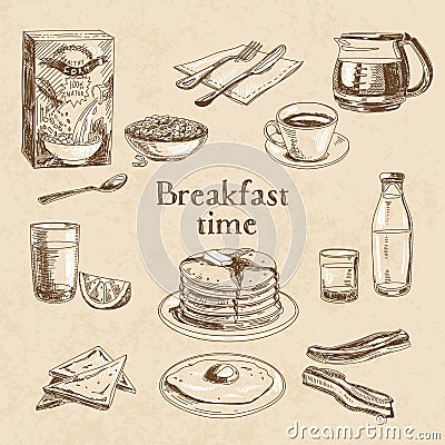 Vector breakfast hand drawn set Cartoon Illustration