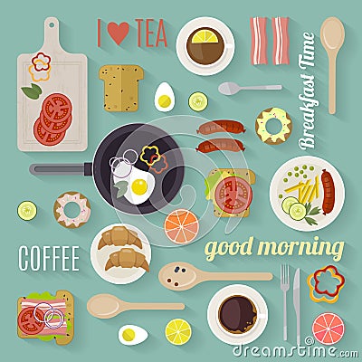 Vector breakfast time illustration with flat icons. Fresh food and drinks in flat style. Vector Illustration