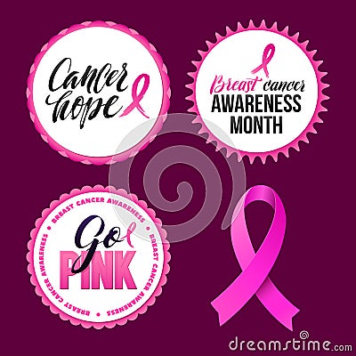 Vector Breast Cancer Awareness Calligraphy Badges Design. Stroke Pink Ribbon Vector Illustration