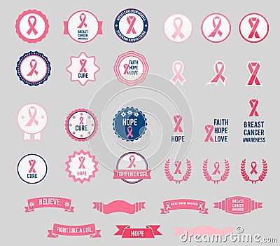 Vector Breast Cancer Awareness ribbons and badges Vector Illustration