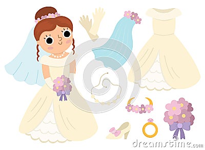 Vector bride clothes set. Cute just married girl with dress, accessory. Stock Photo