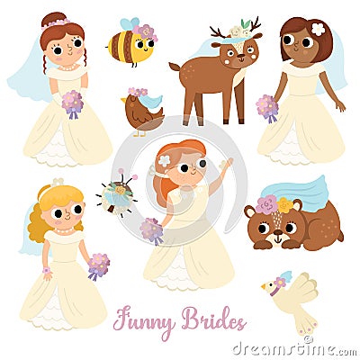 Vector brides set. Cute just married girls wearing white dresses, veils, accessory. Wedding ceremony icons. Cartoon marriage newly Vector Illustration