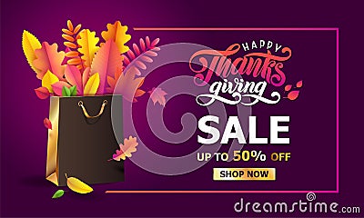 Vector bright bouquet of autumn fallen leaves in golden gift paper shopping bag in frame. Thanksgiving sale Up to 50 off Cartoon Illustration