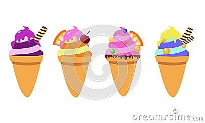 Yellow, pink, blue, orange ice-cream cones. Vector Illustration