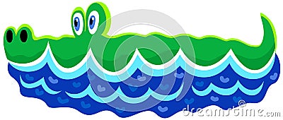 Cute illustration of crocodile, looking out of the wave. Vector Illustration