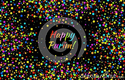 Vector Bright Horizontal Card Happy Purim carnival text with colorful rainbow colors paper confetti frame background. Vector Illustration