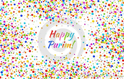 Vector Bright Horizontal Card Happy Purim carnival text with colorful rainbow colors paper confetti frame background. Vector Illustration
