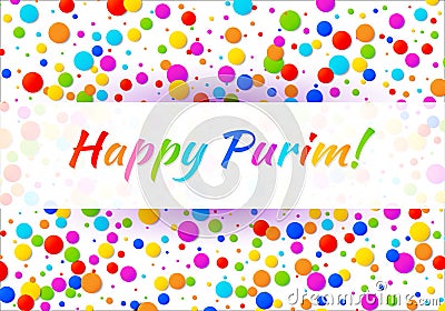 Vector Bright Horizontal Card Happy Purim carnival text with colorful rainbow colors paper confetti frame background. Vector Illustration