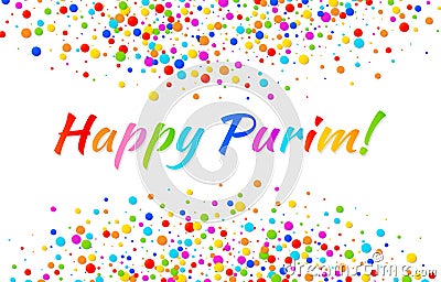 Vector Bright Horizontal Card Happy Purim carnival text with colorful rainbow colors paper confetti frame background. Vector Illustration