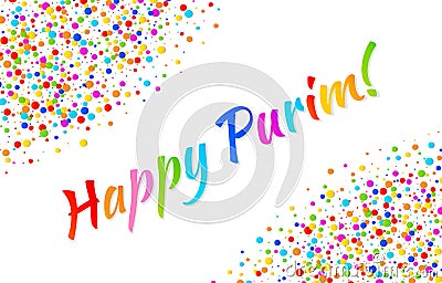 Vector Bright Horizontal Card Happy Purim carnival text with colorful rainbow colors paper confetti frame background. Vector Illustration