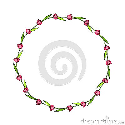 Vector bright round frame, wreath from outline red, tulips. Hand drawn spring border, decoration Vector Illustration