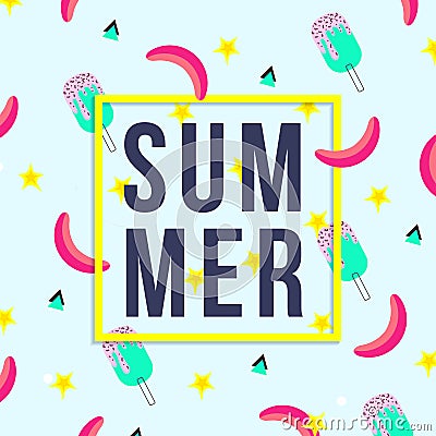 Vector of bright summer cards. Beautiful summer posters with watermelon, ice cream, bananas and text. Memphis. Journal Vector Illustration