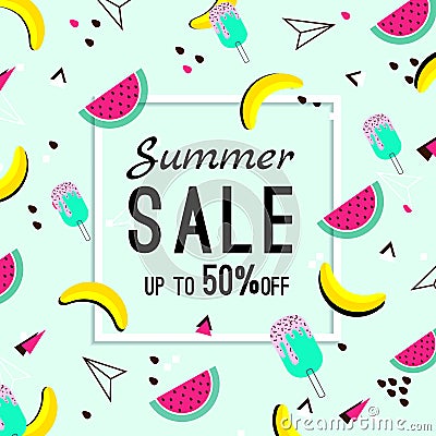Vector of bright summer cards. Beautiful summer posters with watermelon, ice cream, bananas and text. Memphis. Journal Vector Illustration