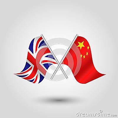 Vector british and chinese flags on silver sticks - symbol of united kingdom and china Vector Illustration
