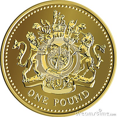 Vector British money gold coin one pound with the coat of arms Vector Illustration