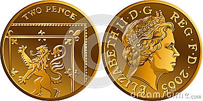 Vector British money gold coin 2 pence Vector Illustration