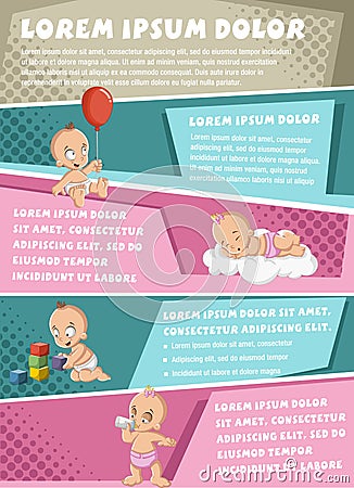 Vector brochure backgrounds with cartoon baby wearing diaper. Vector Illustration