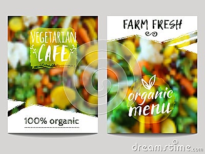Vector brochure design template with blur background with vegetables and eco labels. Healthy fresh food, vegetarian and eco Vector Illustration