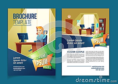 Vector brochure template with cartoon office, secretary Vector Illustration