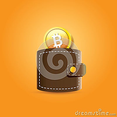Vector brown bitcoin wallet with coins isolated on orange background. bitcoin business concept Vector Illustration