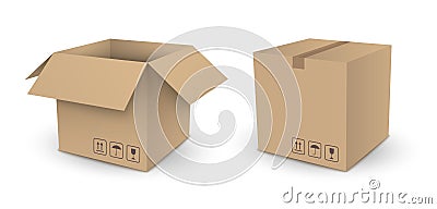 Vector brown cube empty package box open and closed isolated on Vector Illustration