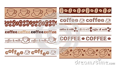 Vector brown seamless borders with coffee grains and cups Vector Illustration
