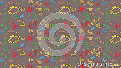 Vector brown seamless pattern. Car dashboard icons texture. Repeating dtc code signs. Coloured, irregular, check engine big sign. Vector Illustration