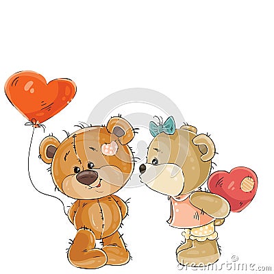 Vector brown teddy bear holding in its paw a red balloon in the shape of a heart, his girlfriend is going to kiss him Vector Illustration