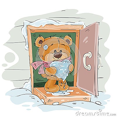 Vector brown teddy bear standing on the porch of the house and holding in its paws a melting snowy heart Vector Illustration