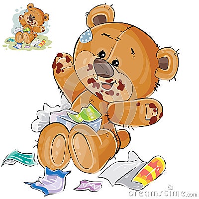 Vector brown teddy bear sweet tooth ate a lot of candy and now sits smeared in chocolate Vector Illustration