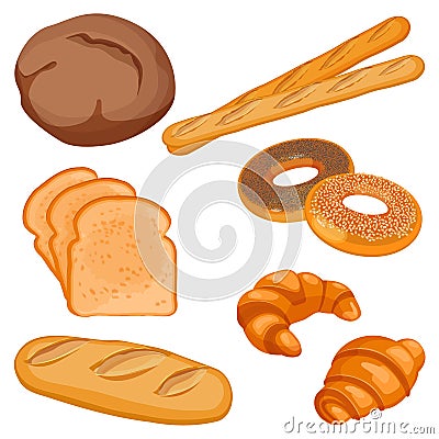 Vector of brown tommy, sliced bread, long loaf, baguettes, buns Vector Illustration