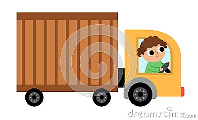 Vector brown truck car with driver. Funny automobile for kids. Cute vehicle clip art. Retro lorry transport icon isolated on white Vector Illustration