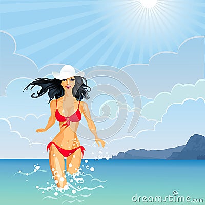 Vector Brunette Girl and the Sea Vector Illustration